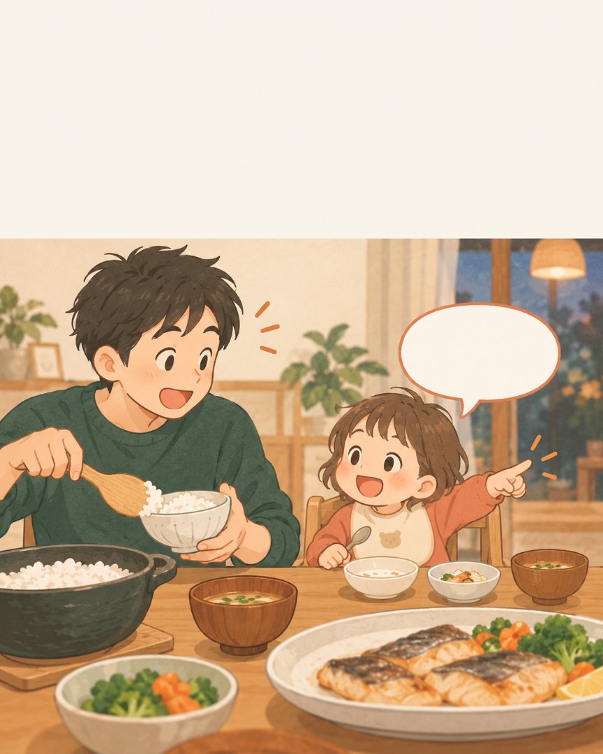 少量のごはんを食べきった子どもが、もっと食べたいと指さすイラスト