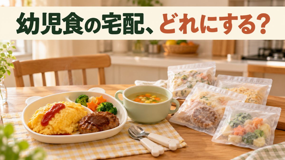テーブルに並んだ子ども向けの幼児食と冷凍パウチ。幼児食の宅配、どれにする？