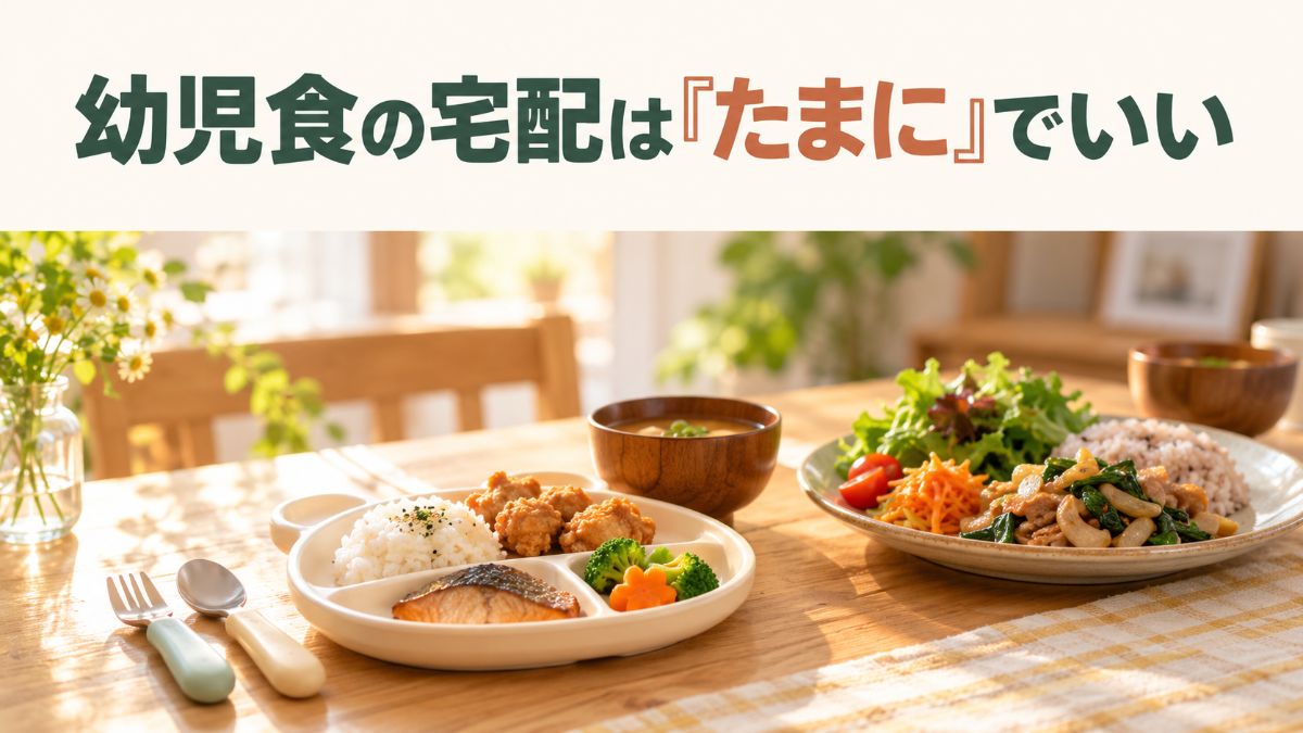 子ども用のワンプレートと大人用のお皿が並ぶ食卓。タイトル「幼児食の宅配は『たまに』でいい」