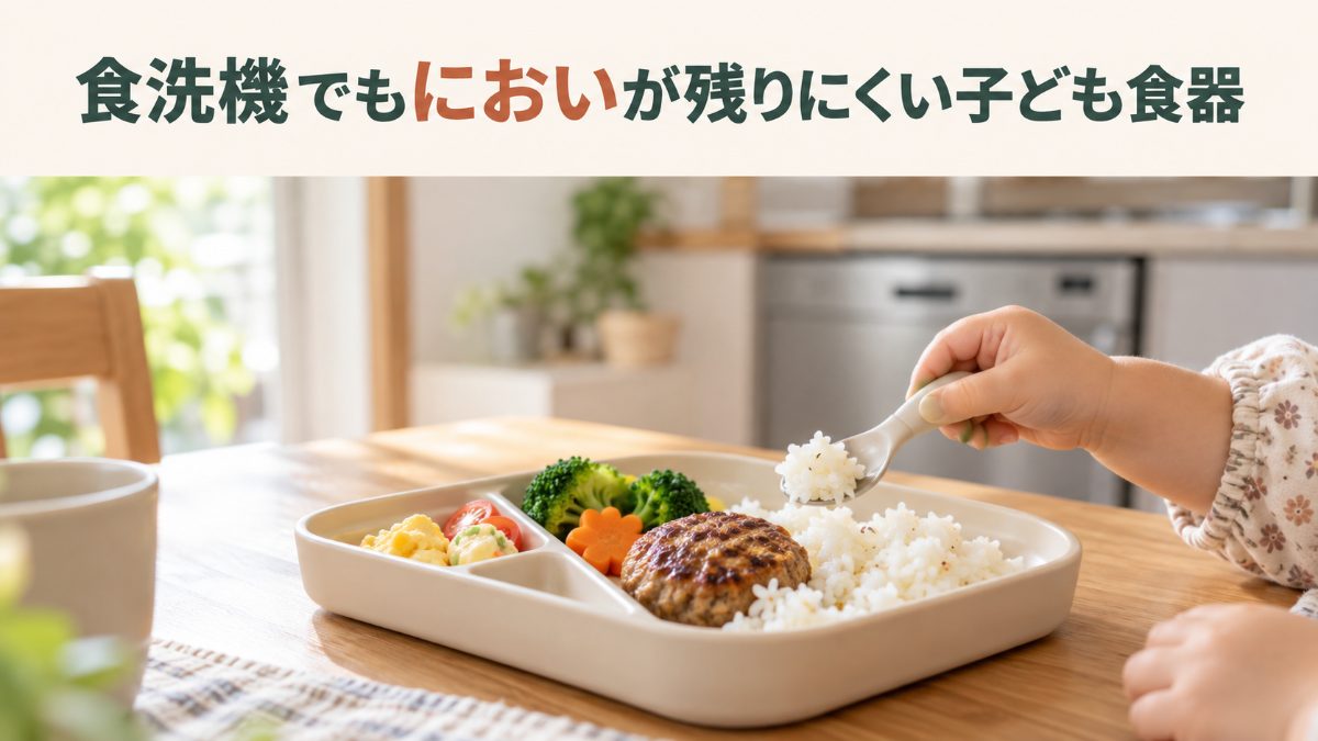 仕切り付きランチプレートに盛られた子どもの食事をスプーンですくう子どもの手と「食洗機でもにおいが残りにくい子ども食器」の文字（AI生成のイメージ）