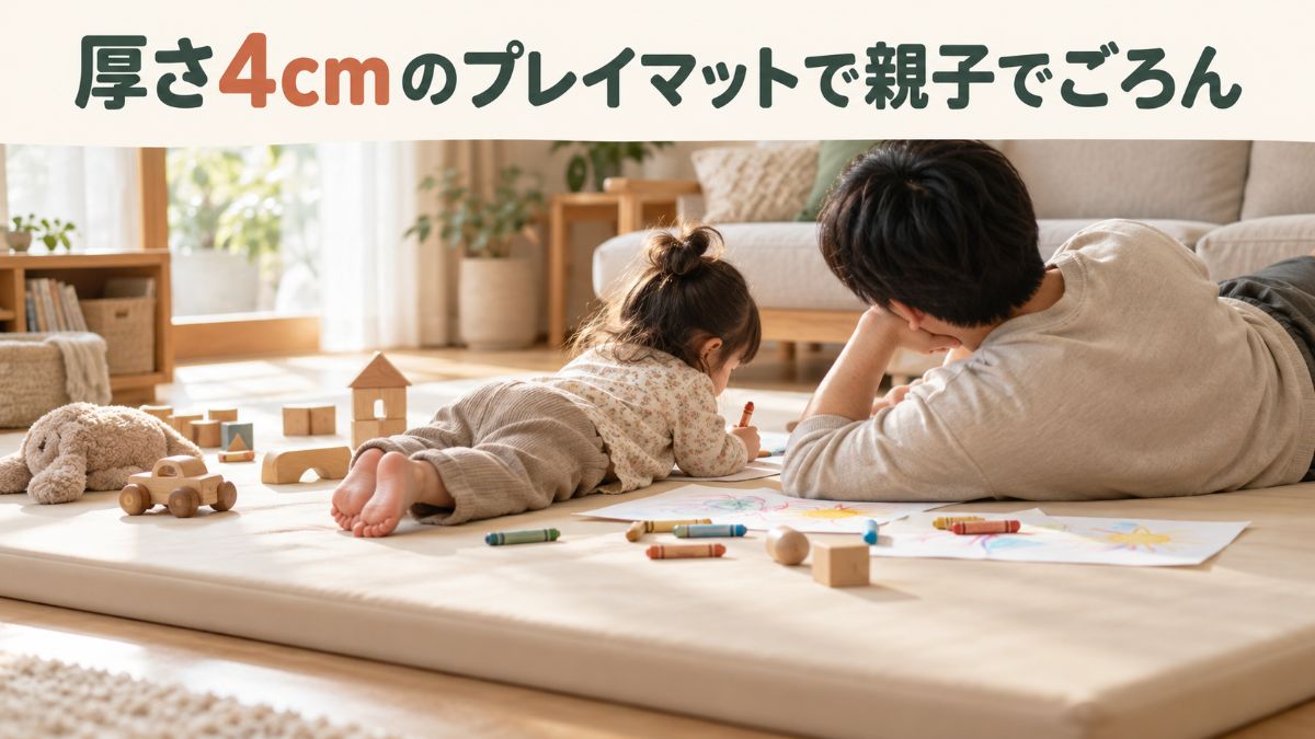 厚さ4cmの大きなプレイマットの上で、パパと子どもが一緒に寝ころんで遊んでいるイメージ（AI生成）