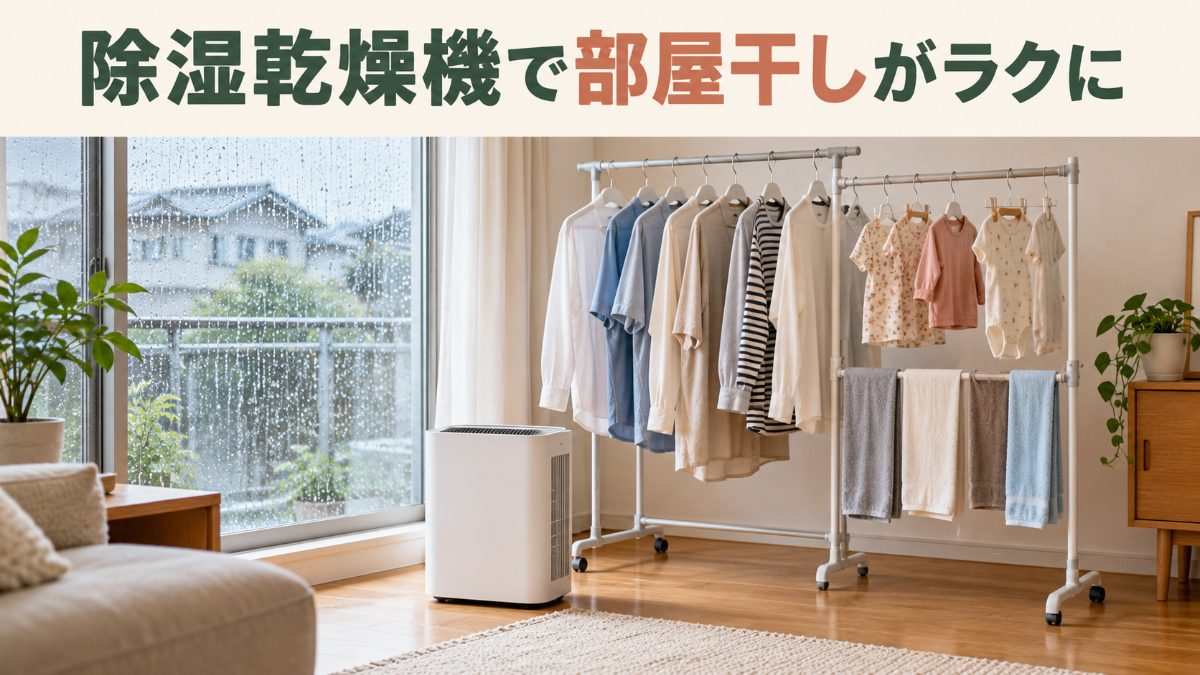 雨の日のリビングで室内物干しに家族の服が干され、横に除湿乾燥機が置かれている様子と「除湿乾燥機で部屋干しがラクに」の文字